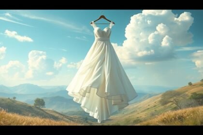 Abito da sposa appeso in un paesaggio sereno e naturale