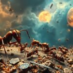 Formiche operose in un paesaggio onirico con un misterioso sfondo celeste.
