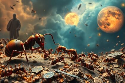 Formiche operose in un paesaggio onirico con un misterioso sfondo celeste.