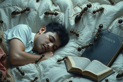 Uomo che dorme circondato da formiche e un libro aperto