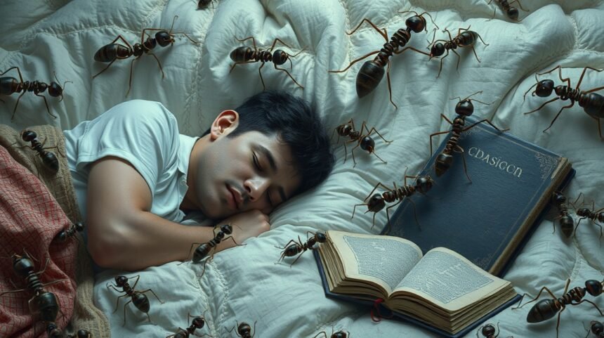 Uomo che dorme circondato da formiche e un libro aperto