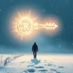 Uomo che cammina nella neve con una chiave luminosa sopra di lui