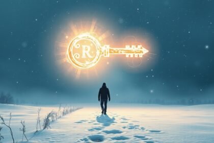 Uomo che cammina nella neve con una chiave luminosa sopra di lui