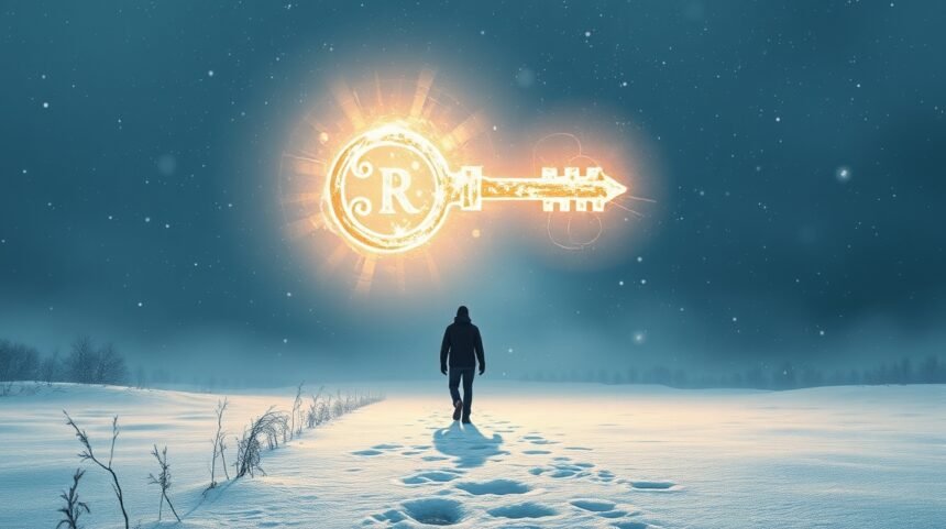 Uomo che cammina nella neve con una chiave luminosa sopra di lui