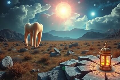 Dente fluttuante in un paesaggio onirico con elementi simbolici.