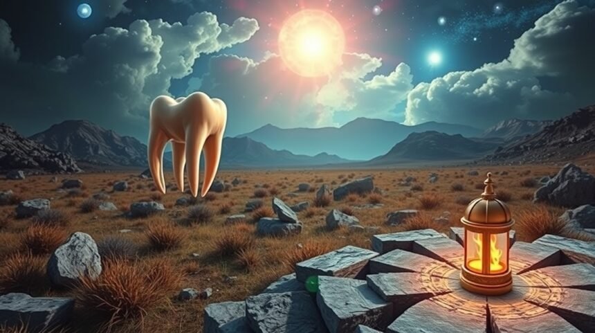 Dente fluttuante in un paesaggio onirico con elementi simbolici.