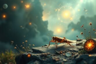 Un grillo che simboleggia intuizione e sogni spirituali in un paesaggio etereo.