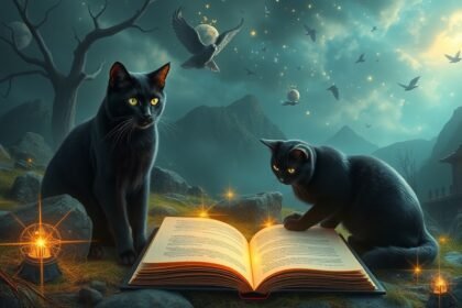 Due gatti neri vicino a un libro aperto in un paesaggio onirico.