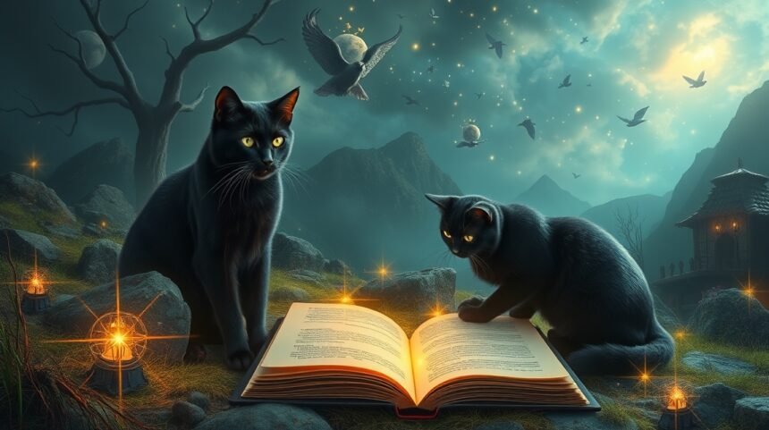 Due gatti neri vicino a un libro aperto in un paesaggio onirico.