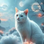 Gatto bianco in un paesaggio onirico con elementi mistici