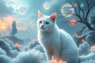 Gatto bianco in un paesaggio onirico con elementi mistici