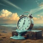 Sveglia che si scioglie sopra una valigia in un paesaggio sereno