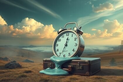 Sveglia che si scioglie sopra una valigia in un paesaggio sereno