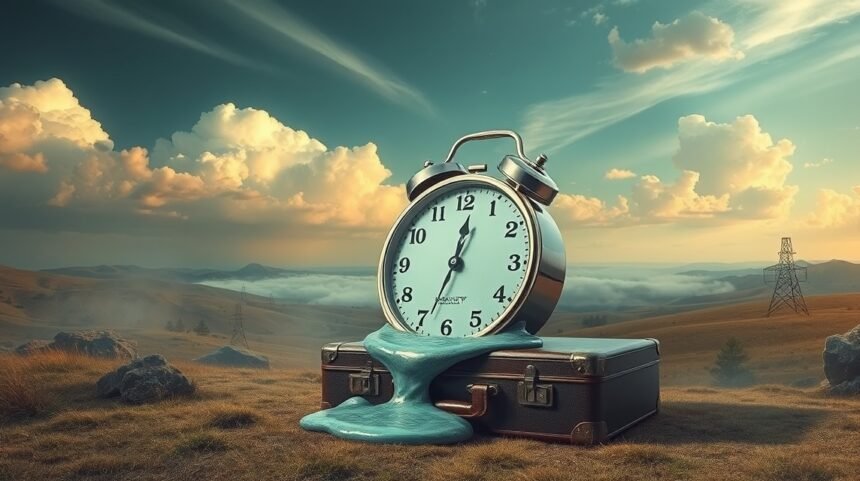 Sveglia che si scioglie sopra una valigia in un paesaggio sereno