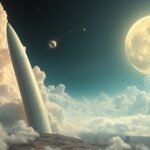 Razz rocket soaring through a cosmic landscape with planets and a full moon