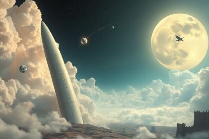 Razz rocket soaring through a cosmic landscape with planets and a full moon