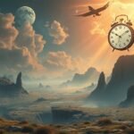 Paesaggio onirico con orologio e uccello che vola.