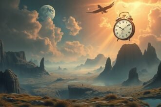 Paesaggio onirico con orologio e uccello che vola.