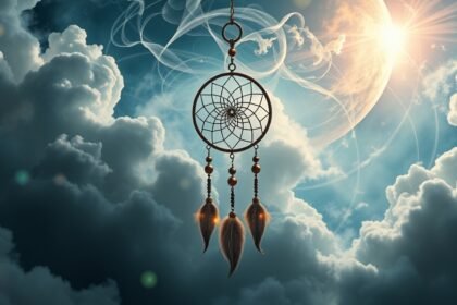 Sognatore sotto un cielo nuvoloso con un cattura sogni