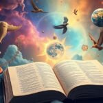 Libro aperto con simboli onirici e paesaggio cosmico