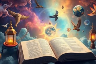 Libro aperto con simboli onirici e paesaggio cosmico