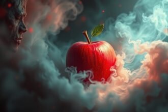 Mela rossa avvolta da fumi onirici e tentatori