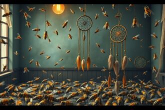 Camera invasa da api che simboleggiano confusione e attività.