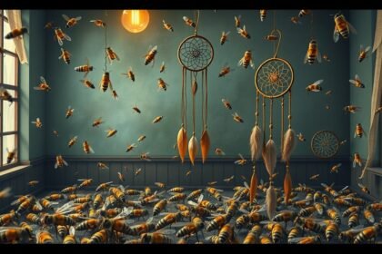 Camera invasa da api che simboleggiano confusione e attività.