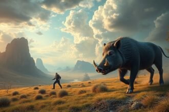 Uomo che scappa da un cinghiale in un paesaggio naturale.