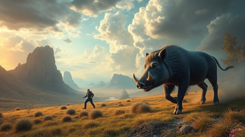 Uomo che scappa da un cinghiale in un paesaggio naturale.