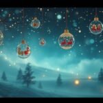 Addobbi natalizi luminosi sospesi in un paesaggio invernale magico