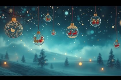 Addobbi natalizi luminosi sospesi in un paesaggio invernale magico