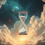 Una clessidra in un paesaggio onirico di nuvole e stelle