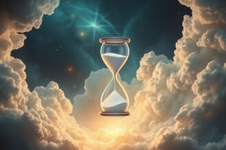 Una clessidra in un paesaggio onirico di nuvole e stelle