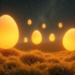 Uova luminose in un campo notturno simboleggiano fertilità e opportunità.