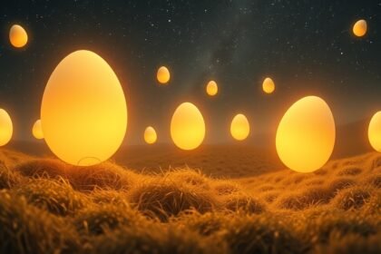 Uova luminose in un campo notturno simboleggiano fertilità e opportunità.