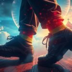 Scarpe nere in un paesaggio onirico con nuvole e stelle