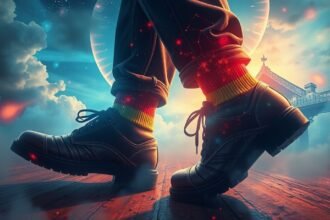 Scarpe nere in un paesaggio onirico con nuvole e stelle