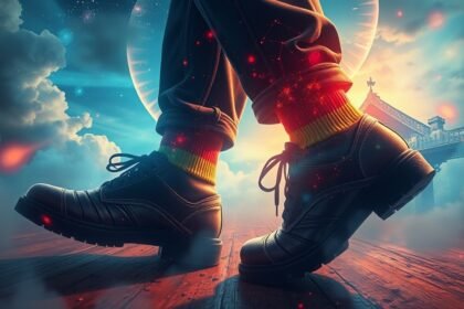 Scarpe nere in un paesaggio onirico con nuvole e stelle