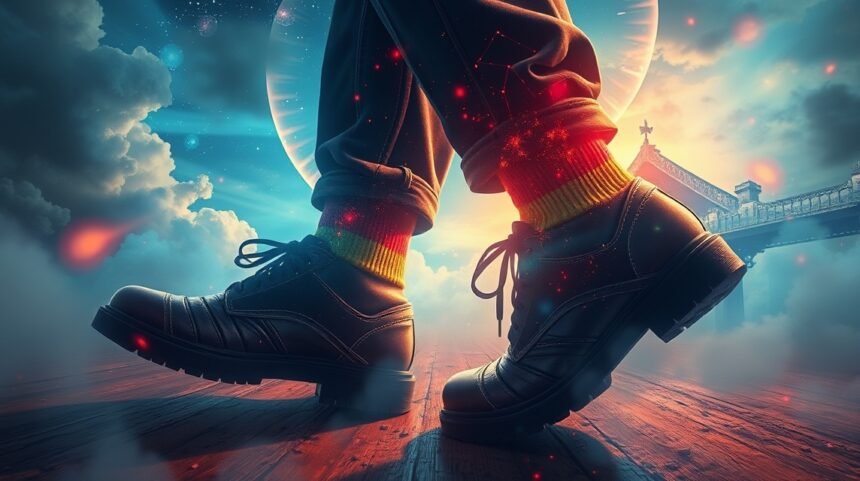 Scarpe nere in un paesaggio onirico con nuvole e stelle