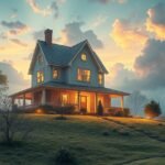 Casa accogliente su una collina con un cielo nuvoloso al tramonto.