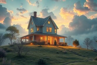 Casa accogliente su una collina con un cielo nuvoloso al tramonto.