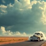 Un'auto che corre su una strada deserta circondata da nuvole.