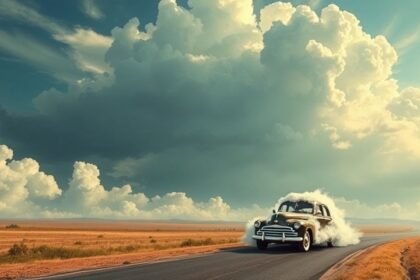 Un'auto che corre su una strada deserta circondata da nuvole.