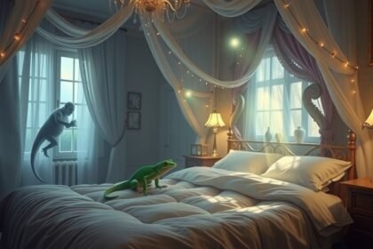 Sogno di un geco e figura fantasma in una camera da letto elegante.
