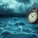 Orologio d'epoca sospeso sopra un mare tempestoso