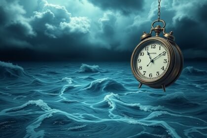 Orologio d'epoca sospeso sopra un mare tempestoso