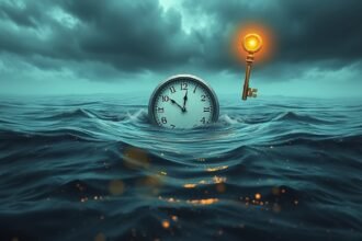 Orologio sommerso in acqua con una chiave luminosa