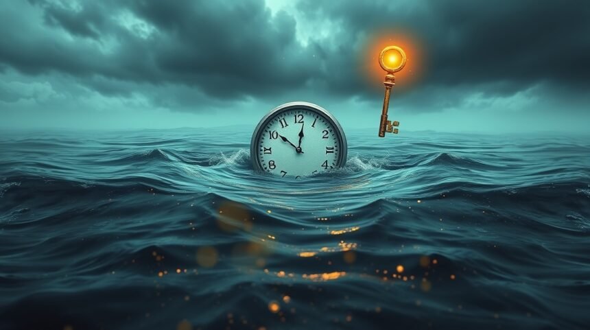 Orologio sommerso in acqua con una chiave luminosa