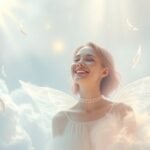 Giovane donna felice con ali angeliche in un cielo sereno.